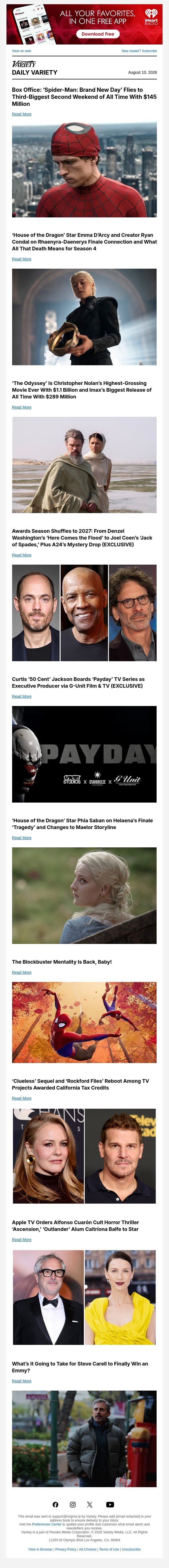 'Spider-Man' Has Huge Second Weekend; 'House of the Dragon' Creator Talks Finale; 'The Odyssey' Is Nolan's Highest-Grossing Film email from Variety screenshot
