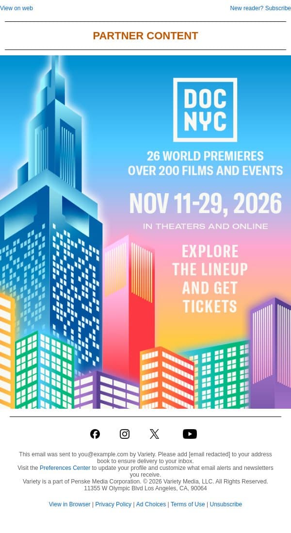 DOC NYC, the festival for documentaries, starts November 11 with over 200 films and events and 26 World Premieres! email from Variety screenshot