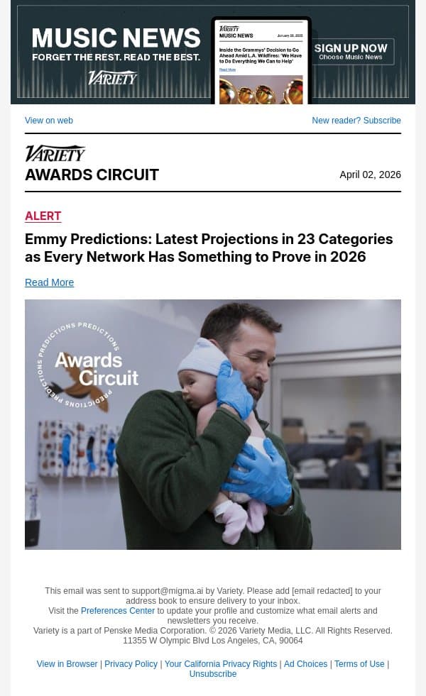Emmy Predictions: Latest Projections in 23 Categories as Every Network Has Something to Prove in 2026 email from Variety screenshot