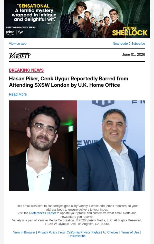 Hasan Piker, Cenk Uygur Reportedly Barred from Attending SXSW London by U.K. Home Office email from Variety screenshot