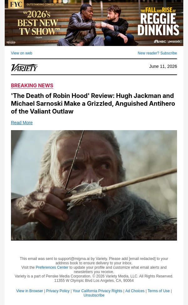'The Death of Robin Hood' Review: Hugh Jackman and Michael Sarnoski Make a Grizzled, Anguished Antihero of the Valiant Outlaw email from Variety screenshot