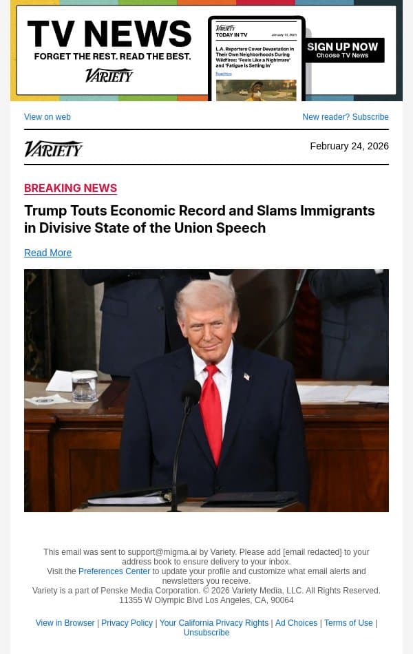 Trump Touts Economic Record and Slams Immigrants in Divisive State of the Union Speech email from Variety screenshot