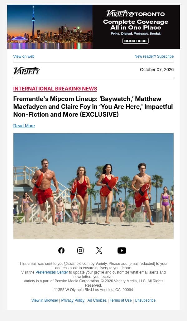 Fremantle's Mipcom Lineup: ‘Baywatch,’ Matthew Macfadyen and Claire Foy in ‘You Are Here,' Impactful Non-Fiction and More (EXCLUSIVE) email from Variety screenshot