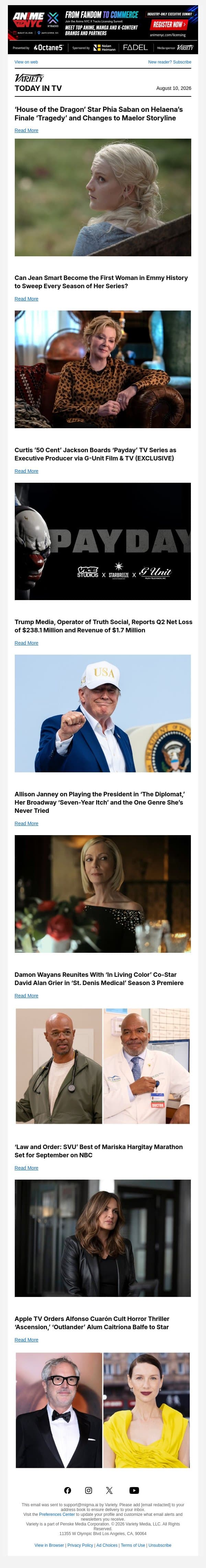 ‘House of the Dragon’s’ Shocking Finale; Will Jean Smart Sweep the Emmys?; 50 Cent Boards ‘Payday’ Series as EP email from Variety screenshot