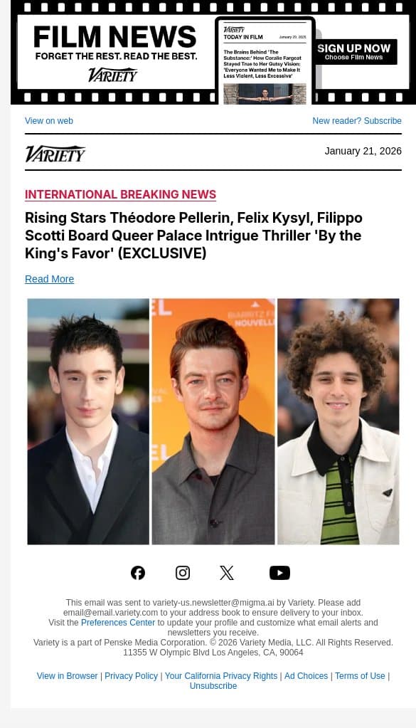 Rising Stars Théodore Pellerin, Felix Kysyl, Filippo Scotti Board Queer Palace Intrigue Thriller 'By the King's Favor' (EXCLUSIVE) email from Variety screenshot