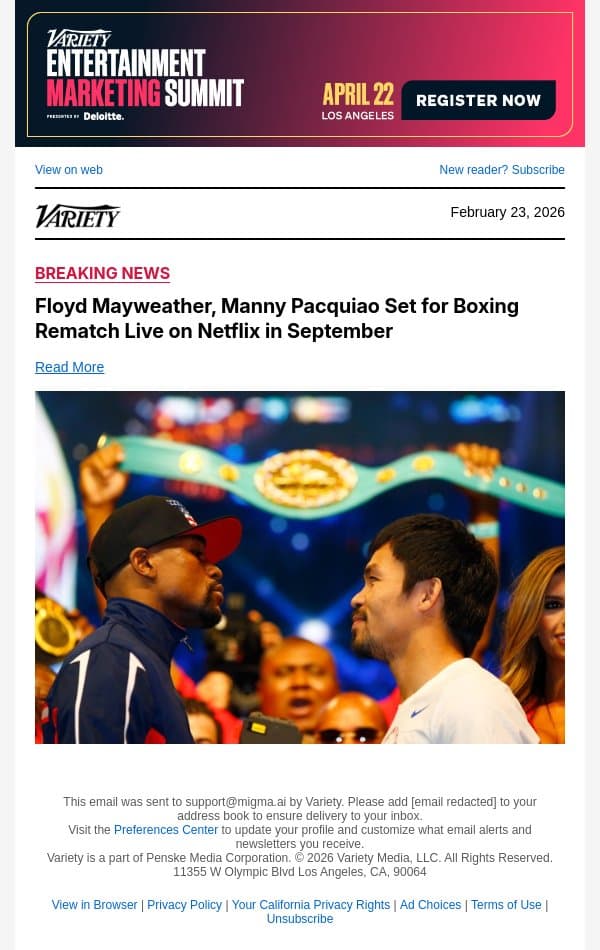 Floyd Mayweather, Manny Pacquiao Set for Boxing Rematch Live on Netflix in September email from Variety screenshot