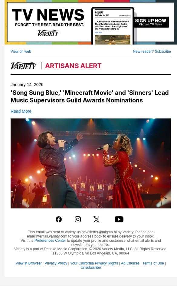 'Song Sung Blue,' 'Minecraft Movie' and 'Sinners' Lead Music Supervisors Guild Awards Nominations email from Variety screenshot