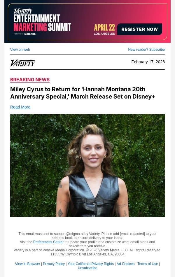 Miley Cyrus to Return for 'Hannah Montana 20th Anniversary Special,' March Release Set on Disney+ email from Variety screenshot