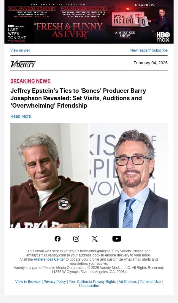 Jeffrey Epstein's Ties to 'Bones' Producer Barry Josephson Revealed: Set Visits, Auditions and 'Overwhelming' Friendship email from Variety screenshot