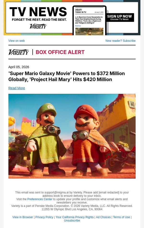 'Super Mario Galaxy Movie' Powers to $372 Million Globally, 'Project Hail Mary' Hits $420 Million email from Variety screenshot