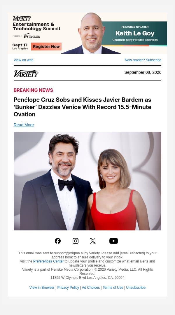 Penélope Cruz Sobs and Kisses Javier Bardem as ‘Bunker’ Dazzles Venice With Record 15.5-Minute Ovation email from Variety screenshot