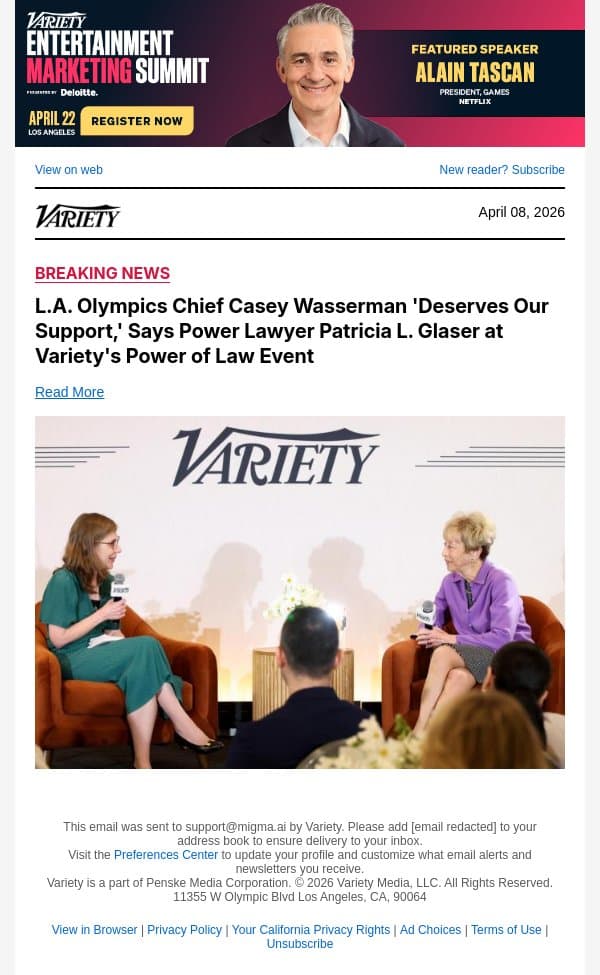 L.A. Olympics Chief Casey Wasserman 'Deserves Our Support,' Says Power Lawyer Patricia L. Glaser at Variety's Power of Law Event email from Variety screenshot