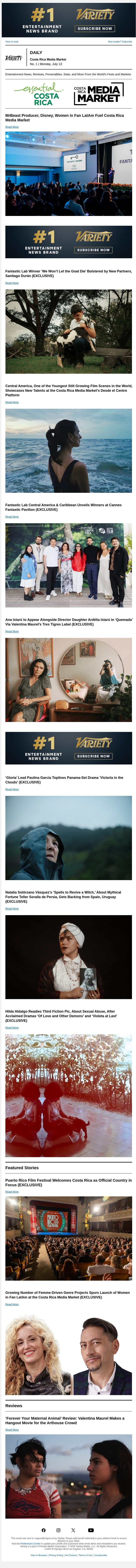 Costa Rica Media Market Highlights; Fantasia Lab Winner Adds Partners; New Talents From Central America email from Variety screenshot