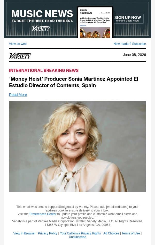 ‘Money Heist’ Producer Sonia Martínez Appointed El Estudio Director of Contents, Spain email from Variety screenshot