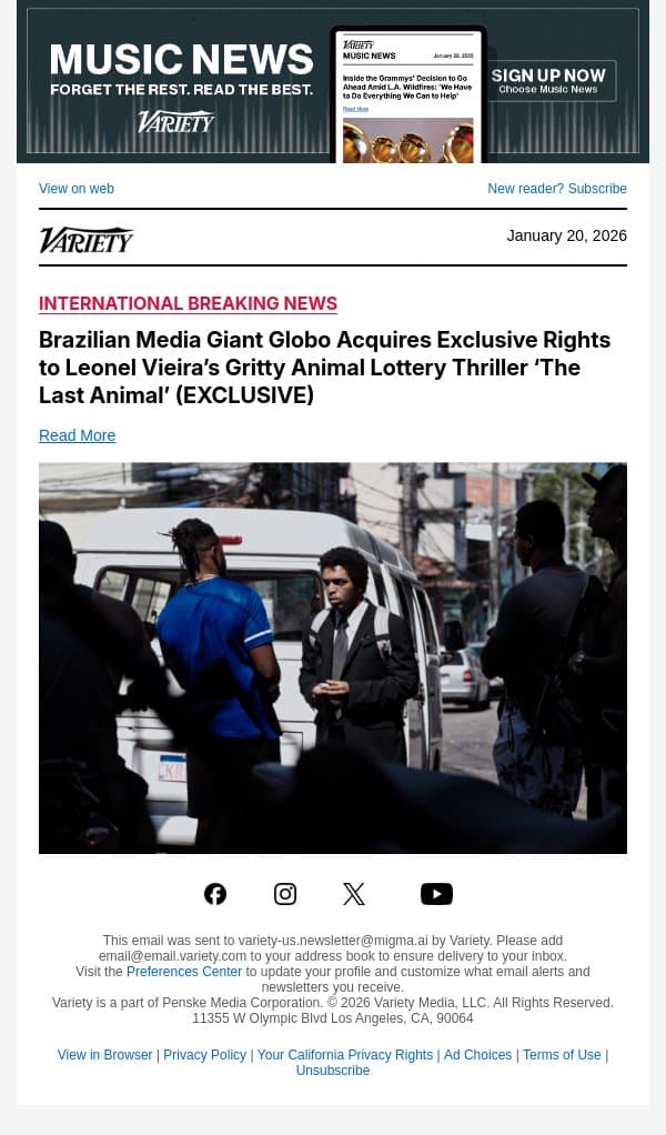 Brazilian Media Giant Globo Acquires Exclusive Rights to Leonel Vieira’s Gritty Animal Lottery Thriller ‘The Last Animal’ (EXCLUSIVE) email from Variety screenshot