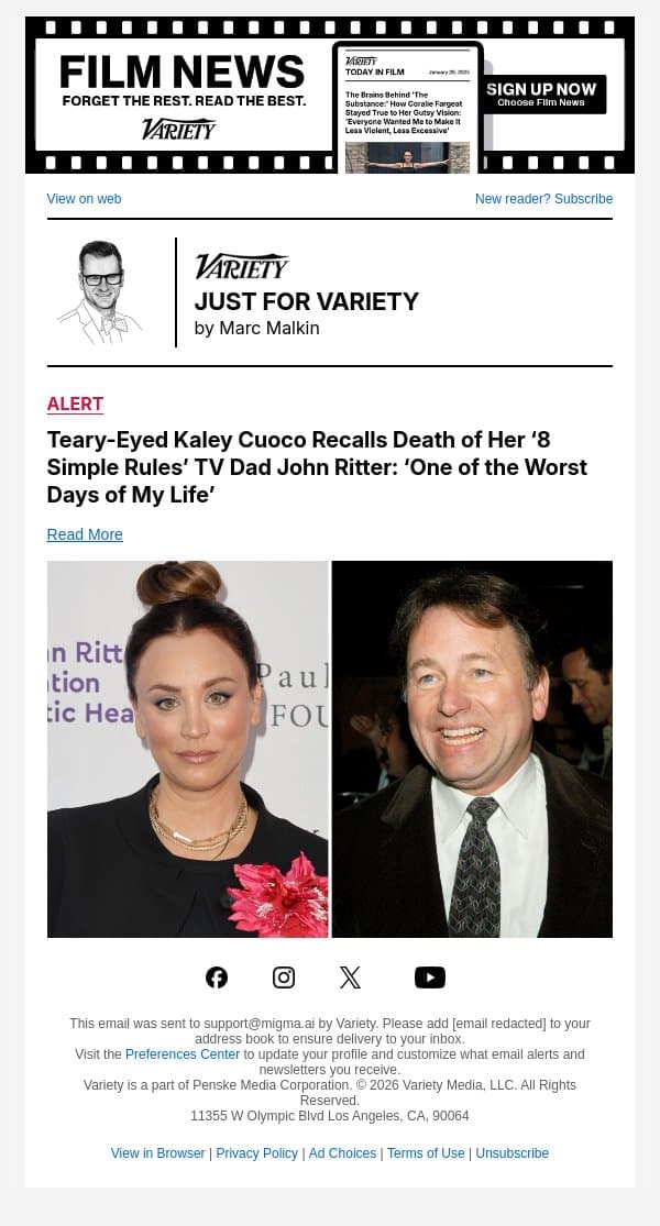 Teary-Eyed Kaley Cuoco Recalls Death of Her ‘8 Simple Rules’ TV Dad John Ritter: ‘One of the Worst Days of My Life’ email from Variety screenshot