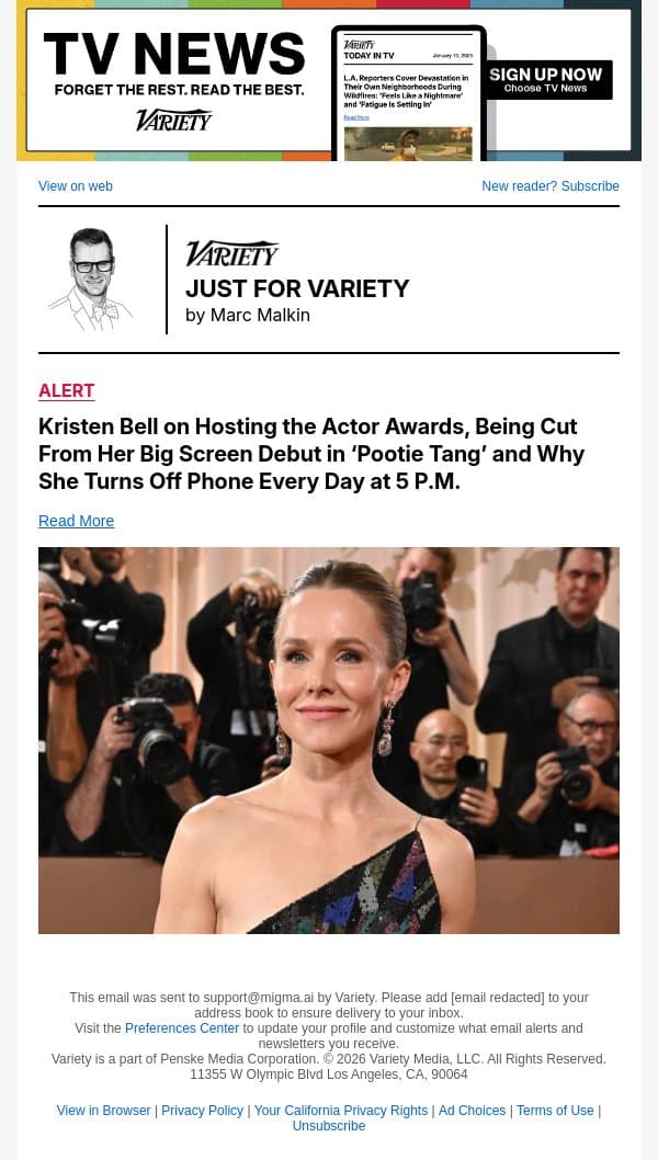 Kristen Bell on Hosting the Actor Awards, Being Cut From Her Big Screen Debut in ‘Pootie Tang’ and Why She Turns Off Phone Every Day at 5 P.M. email from Variety screenshot