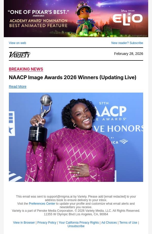 NAACP Image Awards 2026 Winners (Updating Live) email from Variety screenshot