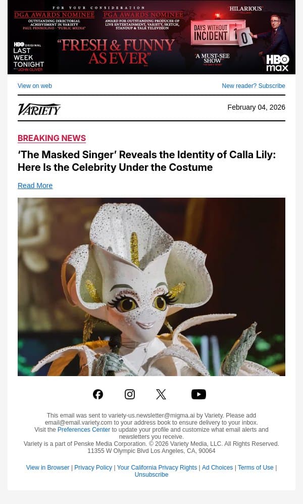 ‘The Masked Singer’ Reveals the Identity of Calla Lily: Here Is the Celebrity Under the Costume email from Variety screenshot