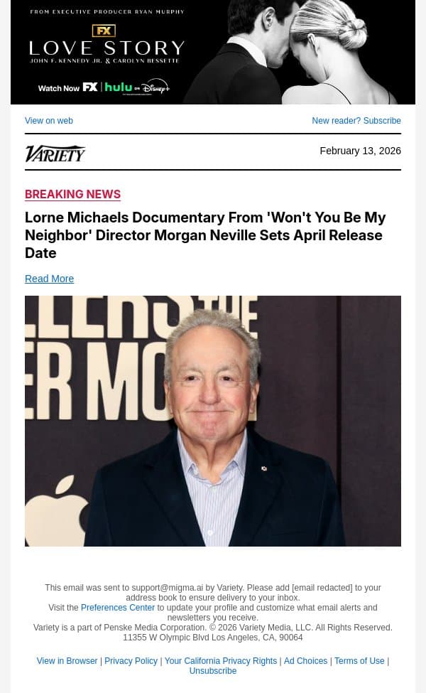Lorne Michaels Documentary From 'Won't You Be My Neighbor' Director Morgan Neville Sets April Release Date email from Variety screenshot