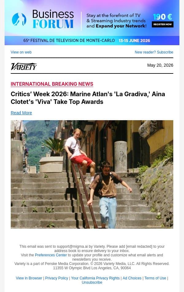 Critics’ Week 2026: Marine Atlan's 'La Gradiva,' Aina Clotet's 'Viva' Take Top Awards email from Variety screenshot