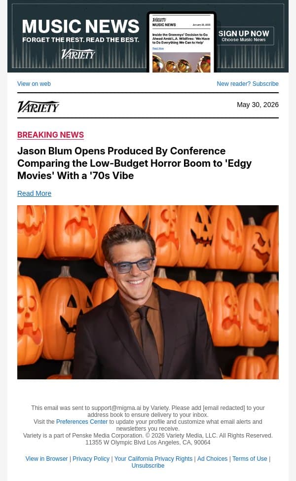 Jason Blum Opens Produced By Conference Comparing the Low-Budget Horror Boom to 'Edgy Movies' With a '70s Vibe email from Variety screenshot