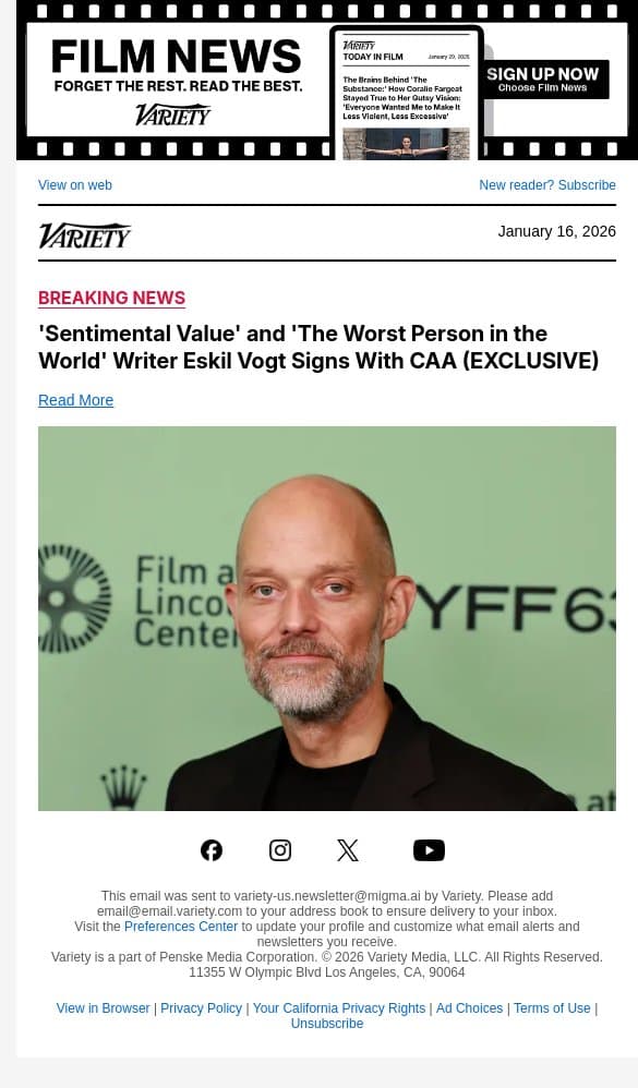 'Sentimental Value' and 'The Worst Person in the World' Writer Eskil Vogt Signs With CAA (EXCLUSIVE) email from Variety screenshot
