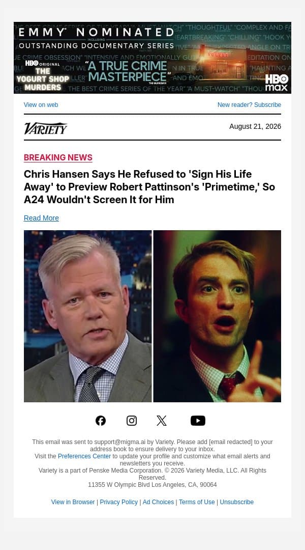 Chris Hansen Says He Refused to 'Sign His Life Away' to Preview Robert Pattinson's 'Primetime,' So A24 Wouldn't Screen It for Him email from Variety screenshot