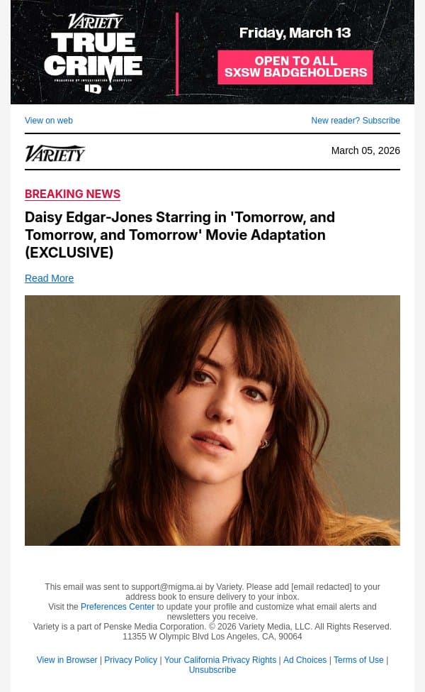 Daisy Edgar-Jones Starring in 'Tomorrow, and Tomorrow, and Tomorrow' Movie Adaptation (EXCLUSIVE) email from Variety screenshot
