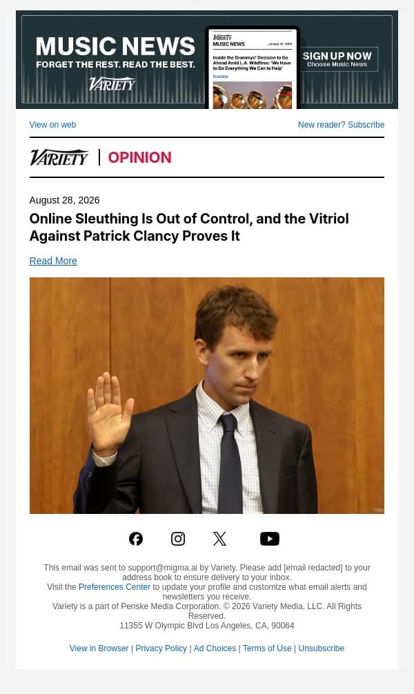 Online Sleuthing Is Out of Control, and the Vitriol Against Patrick Clancy Proves It email from Variety screenshot