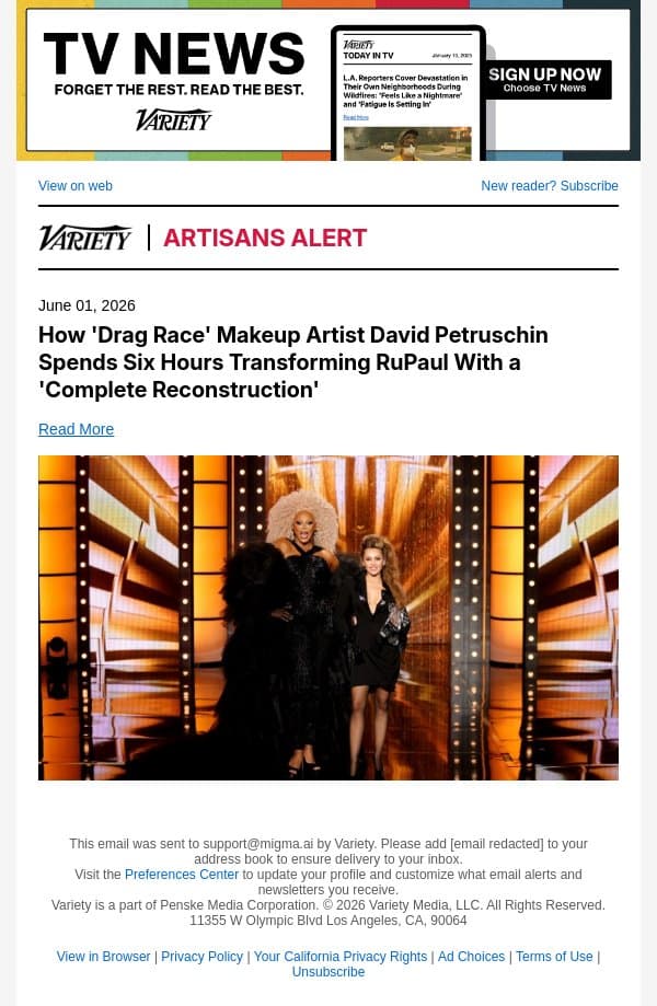 How 'Drag Race' Makeup Artist David Petruschin Spends Six Hours Transforming RuPaul With a 'Complete Reconstruction' email from Variety screenshot