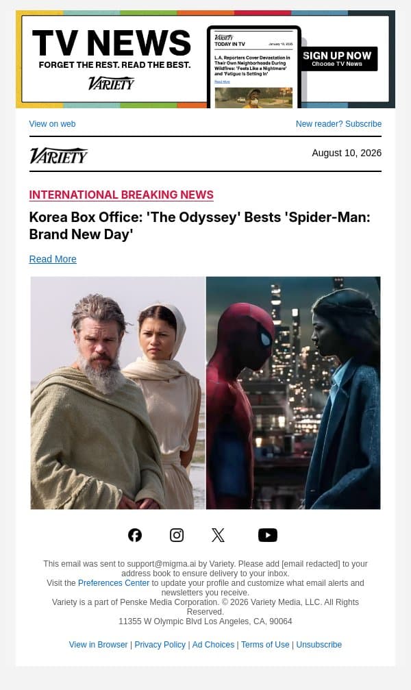 Korea Box Office: 'The Odyssey' Bests 'Spider-Man: Brand New Day' email from Variety screenshot
