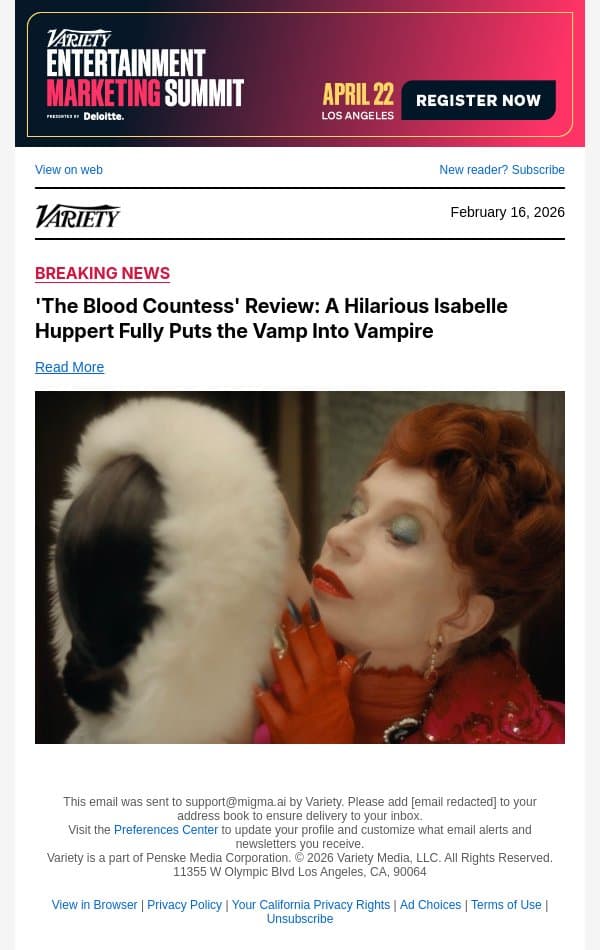 'The Blood Countess' Review: A Hilarious Isabelle Huppert Fully Puts the Vamp Into Vampire email from Variety screenshot