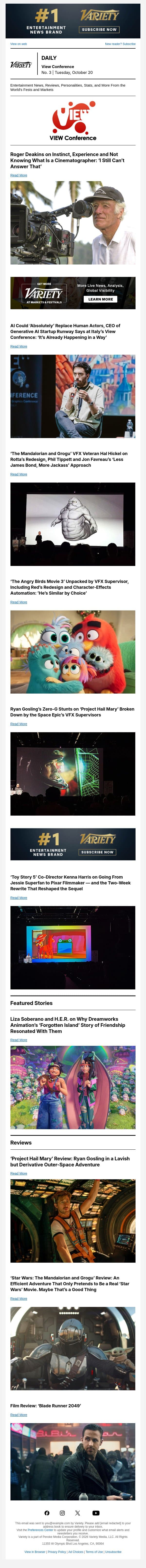 Roger Deakins: A Portrait; AI Could ‘Absolutely’ Replace Human Actors; ‘The Mandalorian and Grogu’ VFX Guide email from Variety screenshot