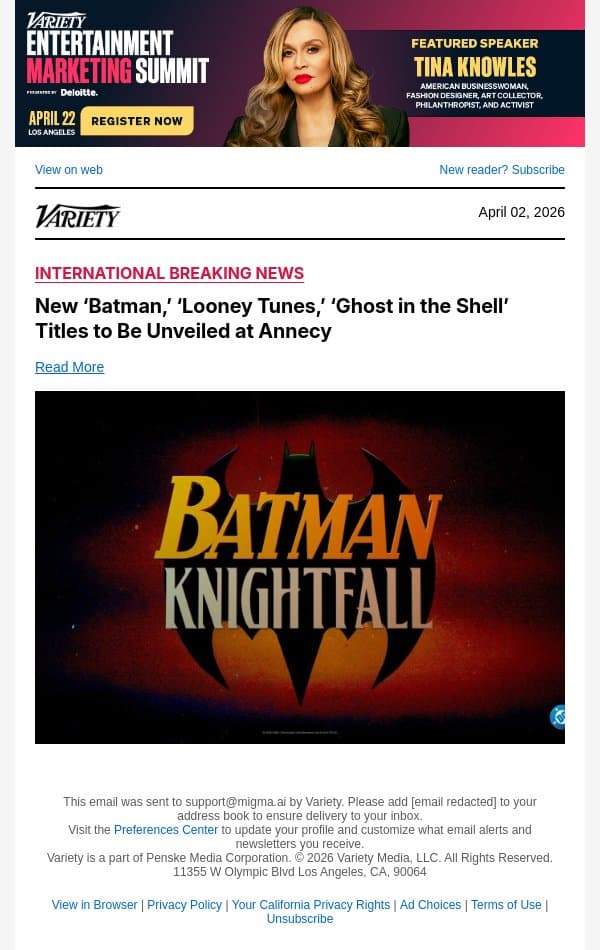 New ‘Batman,’ ‘Looney Tunes,’ ‘Ghost in the Shell’ Titles to Be Unveiled at Annecy email from Variety screenshot