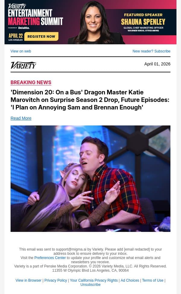 'Dimension 20: On a Bus' Dragon Master Katie Marovitch on Surprise Season 2 Drop, Future Episodes: 'I Plan on Annoying Sam and Brennan Enough' email from Variety screenshot
