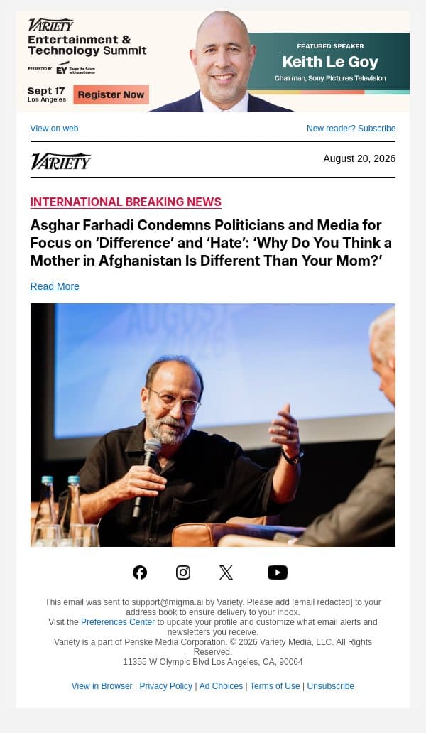 Asghar Farhadi Condemns Politicians and Media for Focus on ‘Difference’ and ‘Hate’: ‘Why Do You Think a Mother in Afghanistan Is Different Than Your Mom?’ email from Variety screenshot