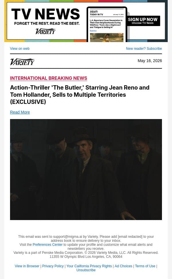 Action-Thriller 'The Butler,' Starring Jean Reno and Tom Hollander, Sells to Multiple Territories (EXCLUSIVE) email from Variety screenshot