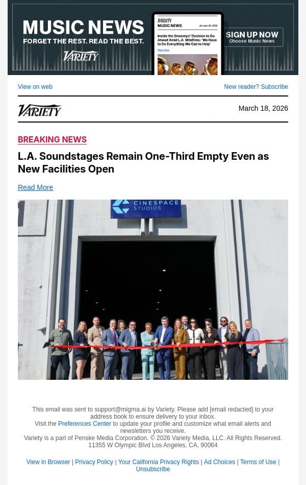 L.A. Soundstages Remain One-Third Empty Even as New Facilities Open email from Variety screenshot