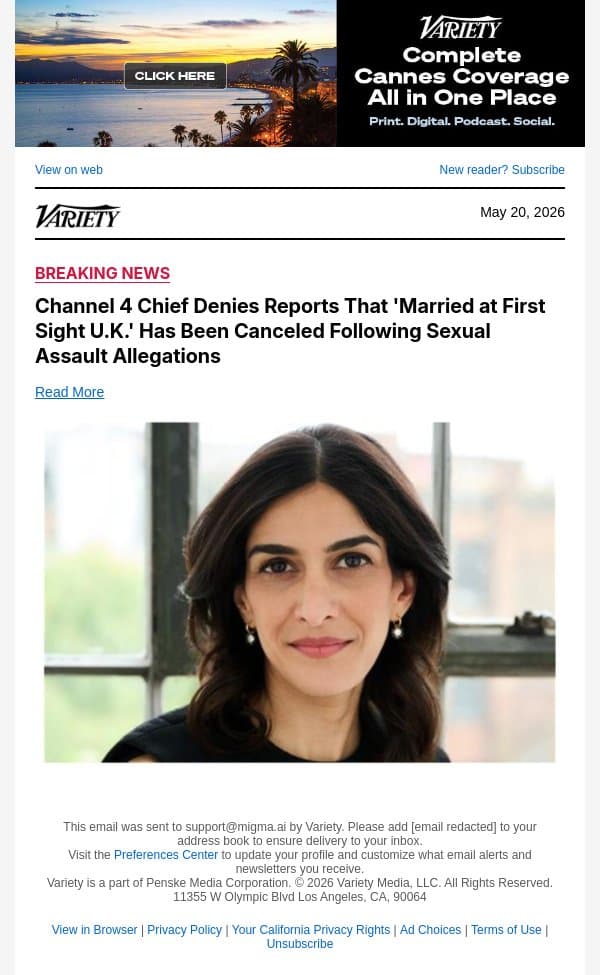 Channel 4 Chief Denies Reports That 'Married at First Sight U.K.' Has Been Canceled Following Sexual Assault Allegations email from Variety screenshot