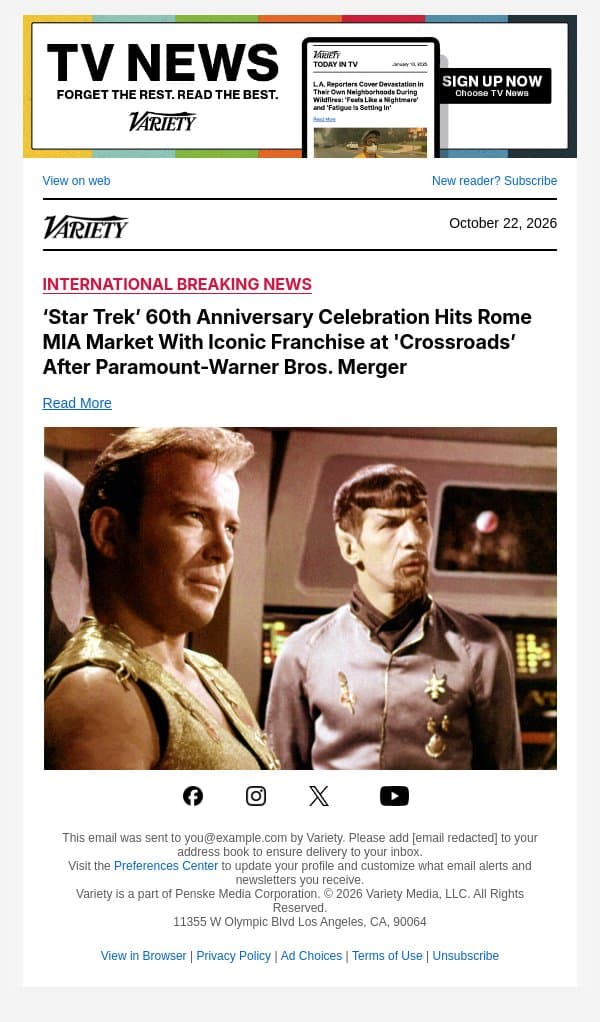 ‘Star Trek’ 60th Anniversary Celebration Hits Rome MIA Market With Iconic Franchise at 'Crossroads’ After Paramount-Warner Bros. Merger email from Variety screenshot
