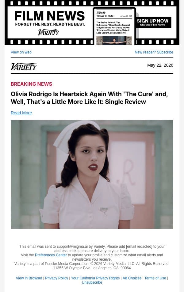 Olivia Rodrigo Is Heartsick Again With 'The Cure' and, Well, That's a Little More Like It: Single Review email from Variety screenshot