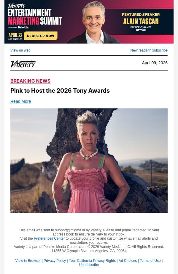 Pink to Host the 2026 Tony Awards email from Variety screenshot