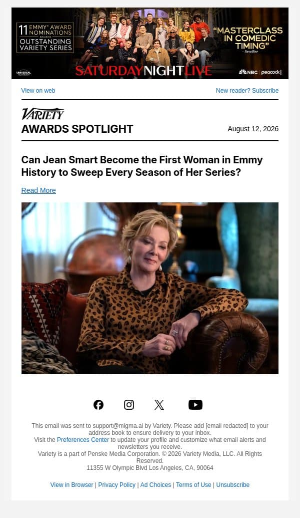 Can Jean Smart Become the First Woman in Emmy History to Sweep Every Season of Her Series? email from Variety screenshot