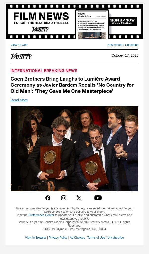 Coen Brothers Bring Laughs to Lumière Award Ceremony as Javier Bardem Recalls 'No Country for Old Men': 'They Gave Me One Masterpiece' email from Variety screenshot