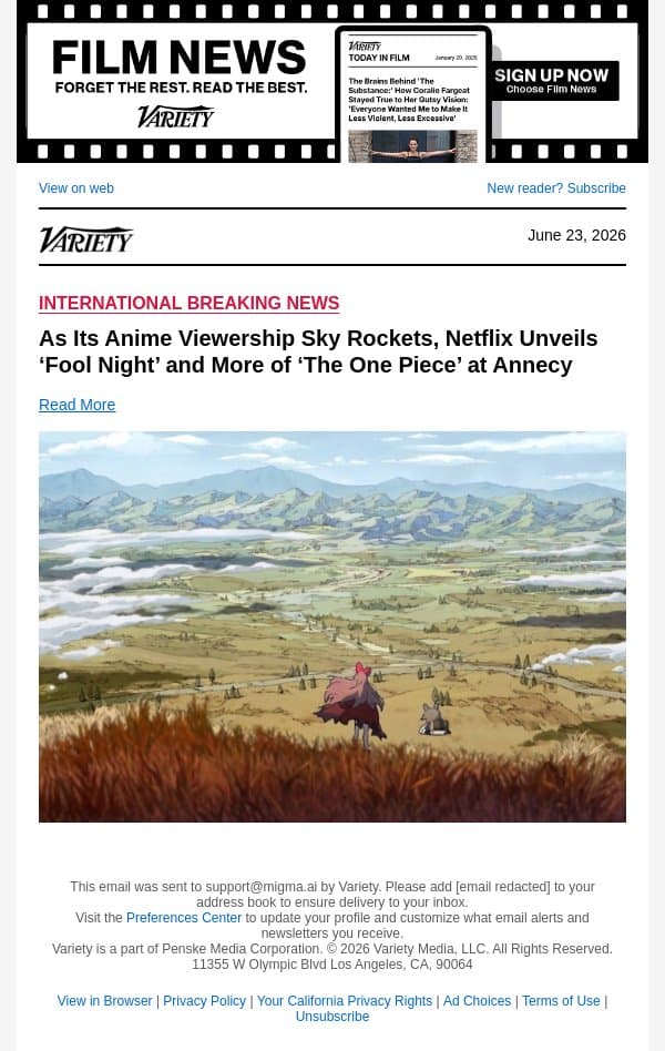 As Its Anime Viewership Sky Rockets, Netflix Unveils ‘Fool Night’ and More of ‘The One Piece’ at Annecy email from Variety screenshot