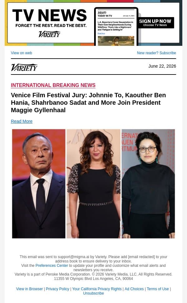 Venice Film Festival Jury: Johnnie To, Kaouther Ben Hania, Shahrbanoo Sadat and More Join President Maggie Gyllenhaal email from Variety screenshot