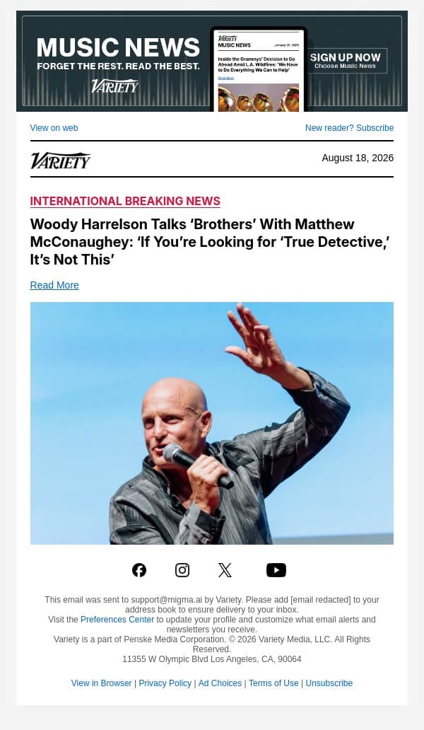 Woody Harrelson Talks ‘Brothers’ With Matthew McConaughey: ‘If You’re Looking for ‘True Detective,’ It’s Not This’ email from Variety screenshot