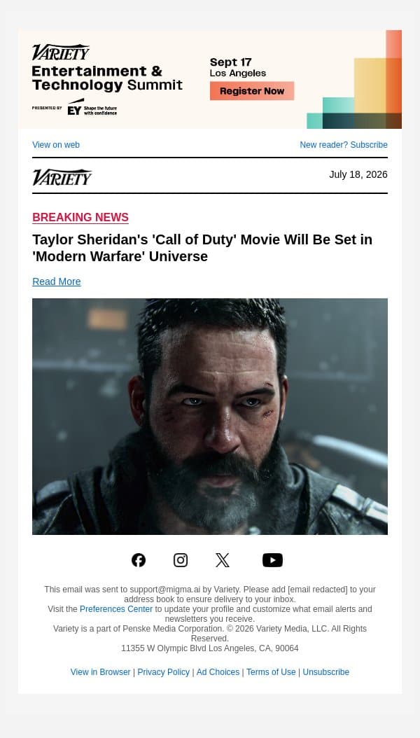 Taylor Sheridan's 'Call of Duty' Movie Will Be Set in 'Modern Warfare' Universe email from Variety screenshot
