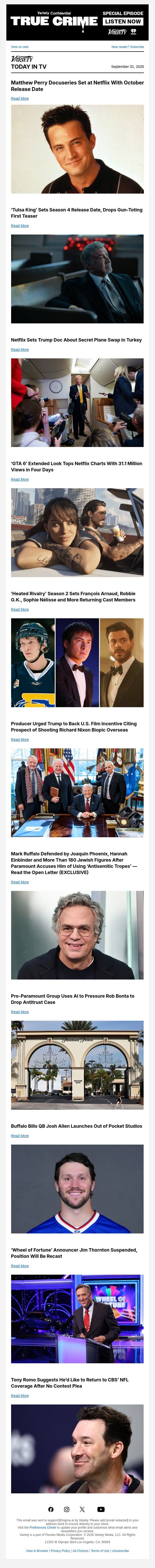 Matthew Perry Docuseries; ‘Tulsa King’ S4 Release Date; Netflix Sets Trump Plane Swap Doc email from Variety screenshot